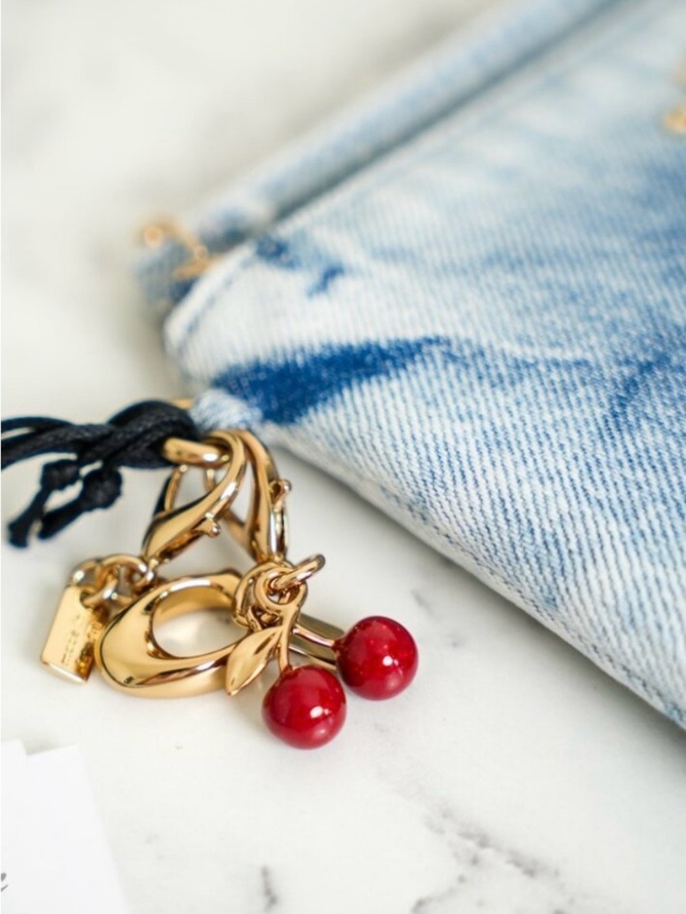 Coach Loved Denim Wristlet Bag with Cherry 🍒 Signature C Gold Charms! NEW - Picture 6 of 8